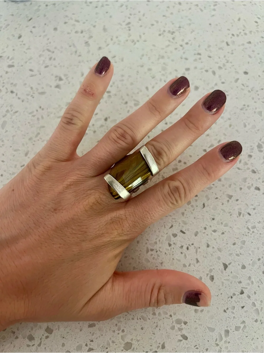 Chunky Silver “Fork” Ring with Brown Tiger's Eye Stone